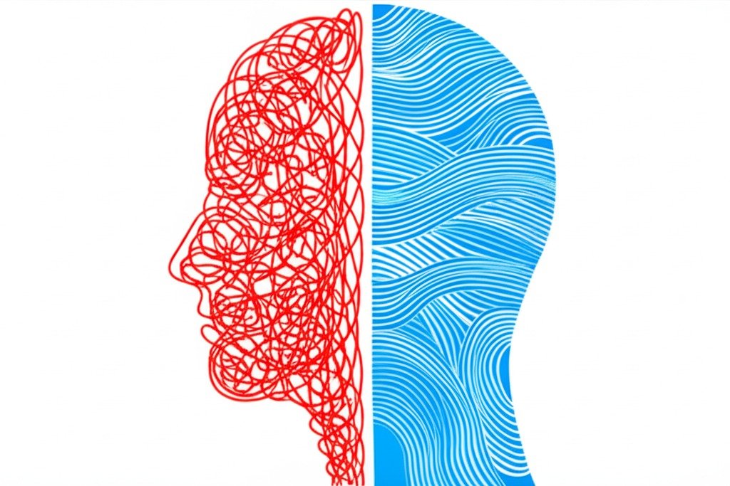A graphic illustrating neuroplasticity, showing chaotic pain pathways in the brain being reorganized into calm, orderly ones through brain-training for pain relief.